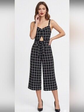 Dotti Black & White Grid Print Jumpsuit Cutout Tie Front Wide Leg Size Small